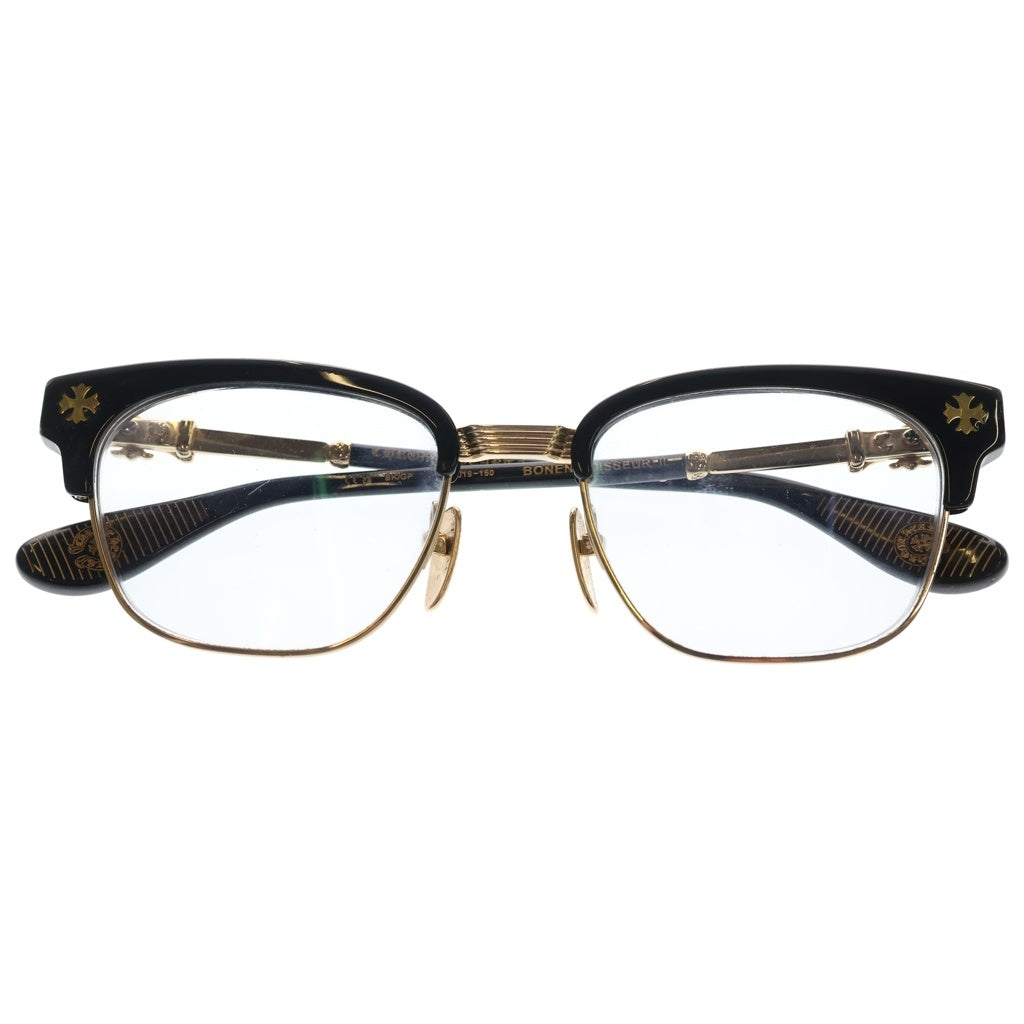 CHROME HEARTS(クロムハーツ) BONENNOISSEUR II テンプルCHクロス ハーフリム アイウェア 眼鏡 メガネ 度入り ブラック/ゴールド レディース