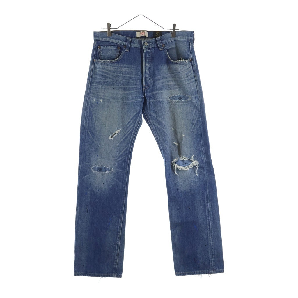 Levi's(リーバイス) ×STUSSY 501 ステューシー ダメージ加工 ボタンフライ ストレート デニムパンツ インディゴ