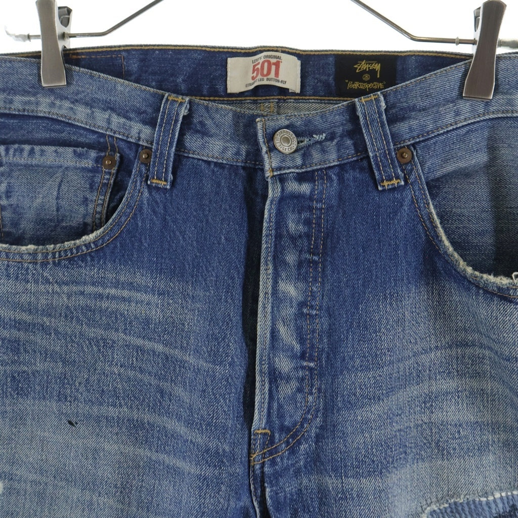 Levi's(リーバイス) ×STUSSY 501 ステューシー ダメージ加工 ボタンフライ ストレート デニムパンツ インディゴ