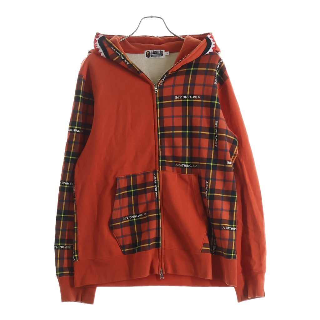 A BATHING APE(アベイシングエイプ) SHARKFULLZIPHOODIE チェック柄 シャークジップフーディー パーカー オレンジ 001ZPI301004M