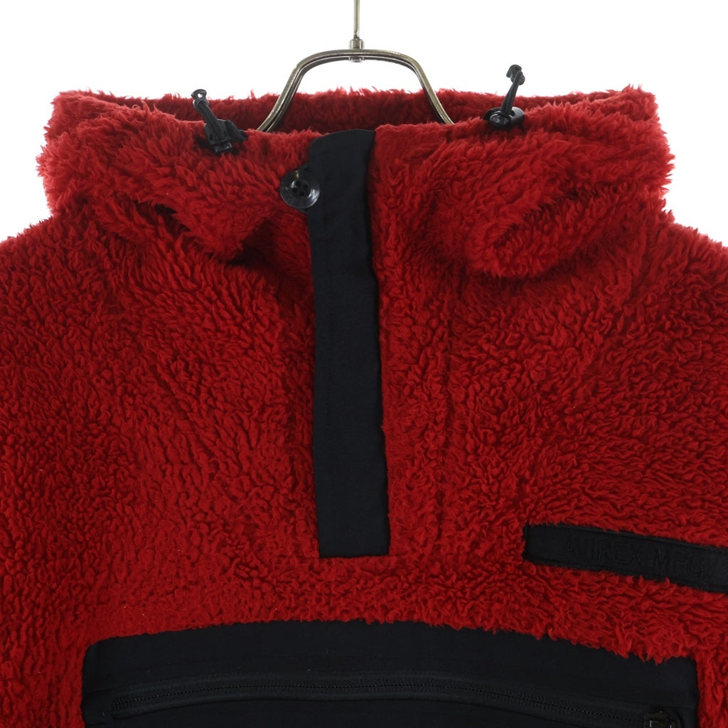 AVIREX(アヴィレックス) フロント ジップ ワッペン ロゴ フーデット フリース ジャケット レッド