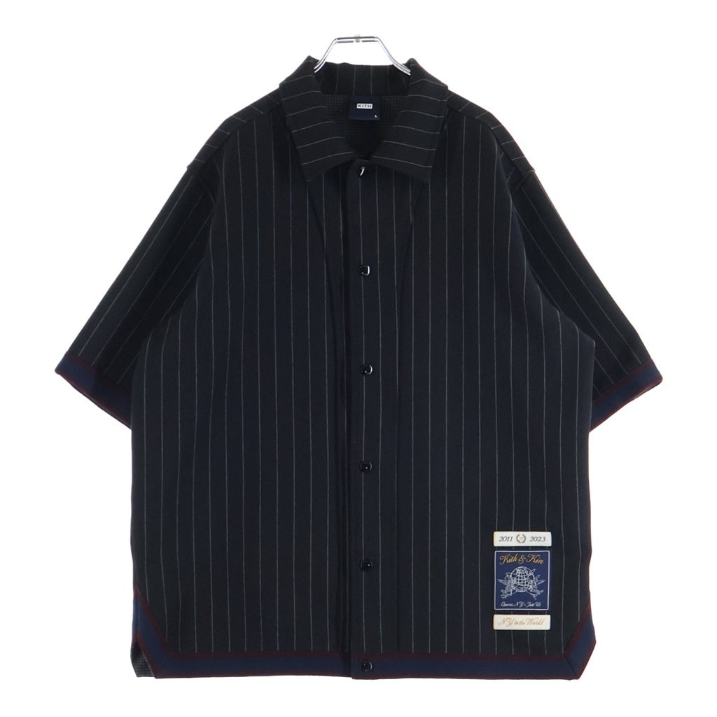 KITH(キス) 23SS Pinstripe Woodpoint Shooting Shirt ピンストライプ ウッドポイント シューティング 半袖 シャツ ブラック KHM031018