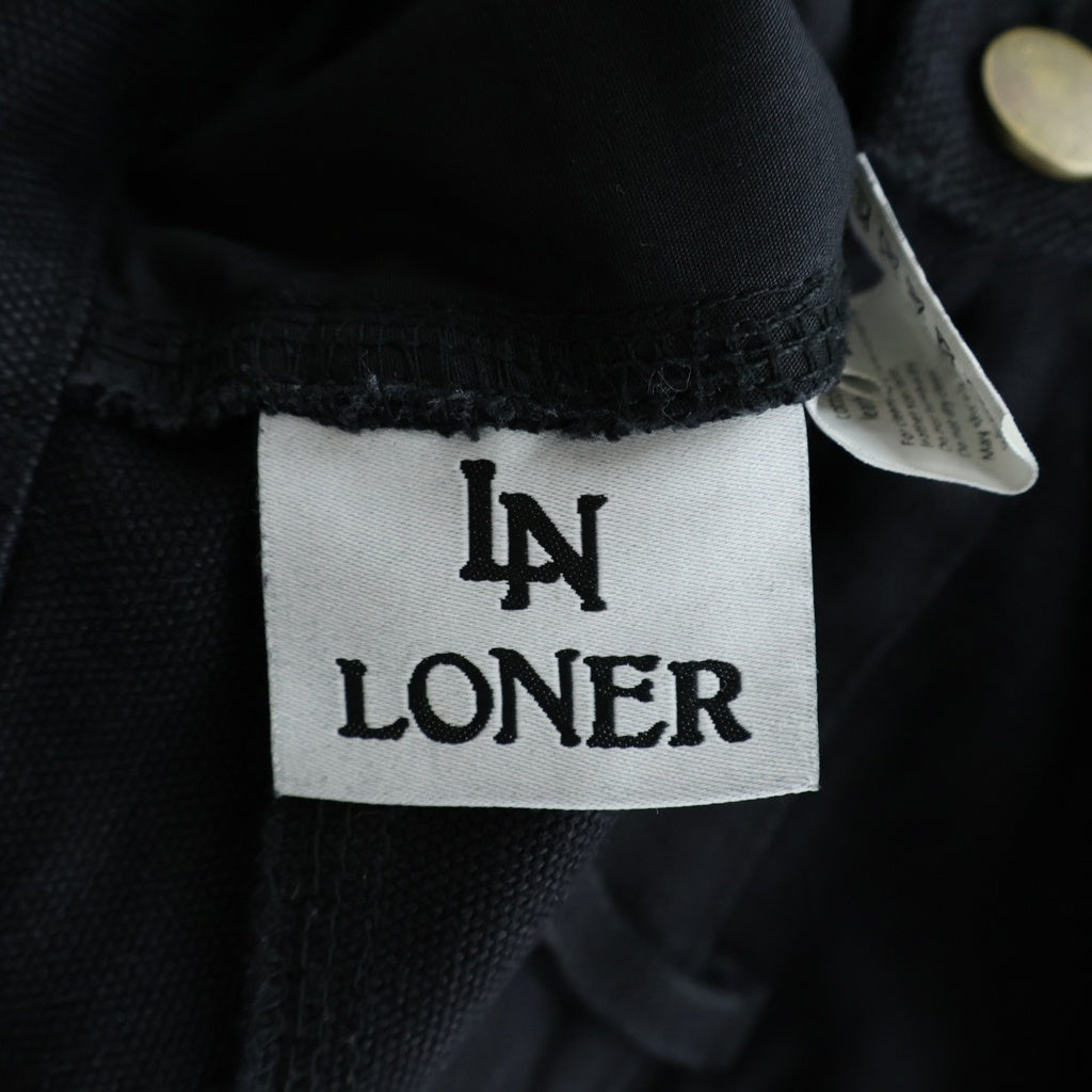 NO BRAND(ノーブランド) LONER フェイク レザー 切り替え ダブルニー ロゴ刺繍 ハーツ パンツ ブラック