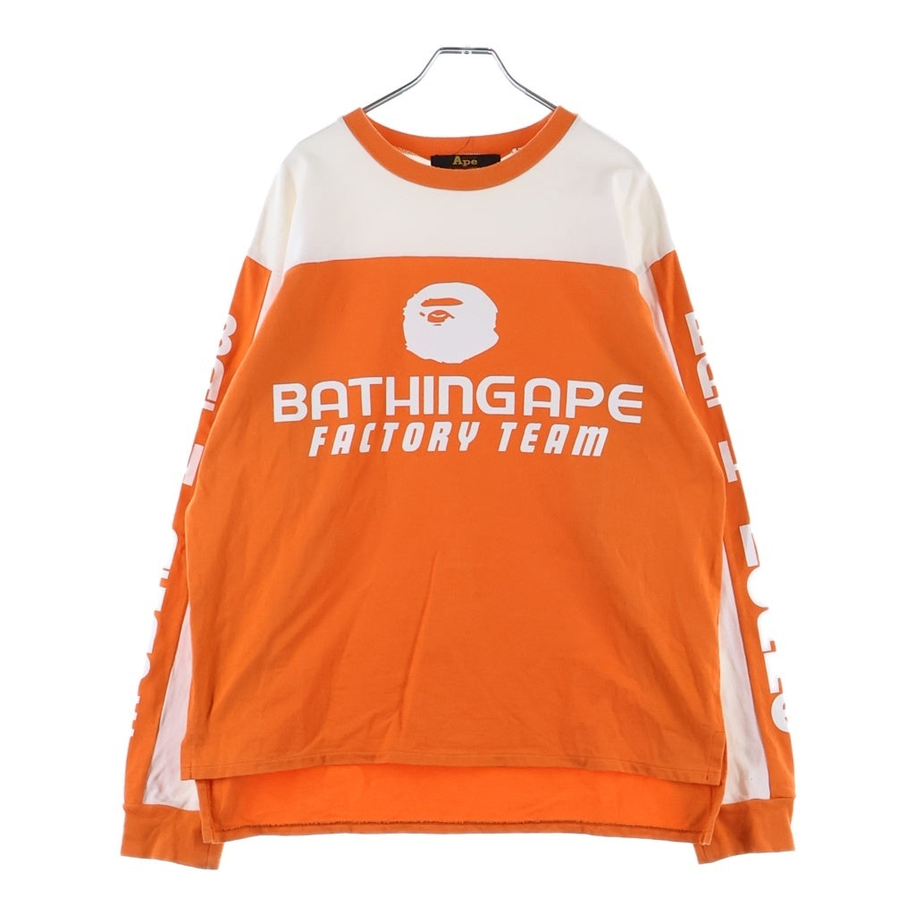 A BATHING APE(アベイシングエイプ) 90S 黒タグ ロゴプリント モトクロス ゲーム ロングスリーブ Tシャツ 長袖 カットソー オレンジ/ホワイト