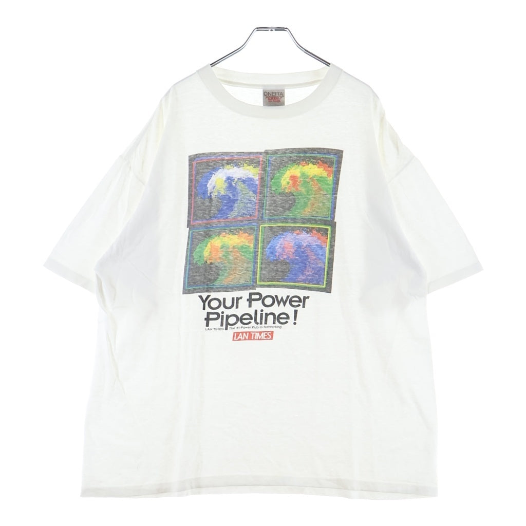 VINTAGE(ヴィンテージ) 90S LAN TIMES Your Power Pipeline! フラクタル柄 プリント 半袖Tシャツ カットソー ホワイト