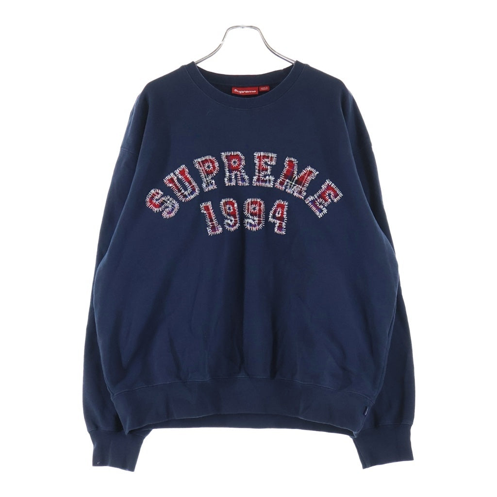 SUPREME(シュプリーム) 26SS Plaid Arc Crewneck プレイド ステッチワーク ロゴ クルーネック スウェット シャツ ネイビー