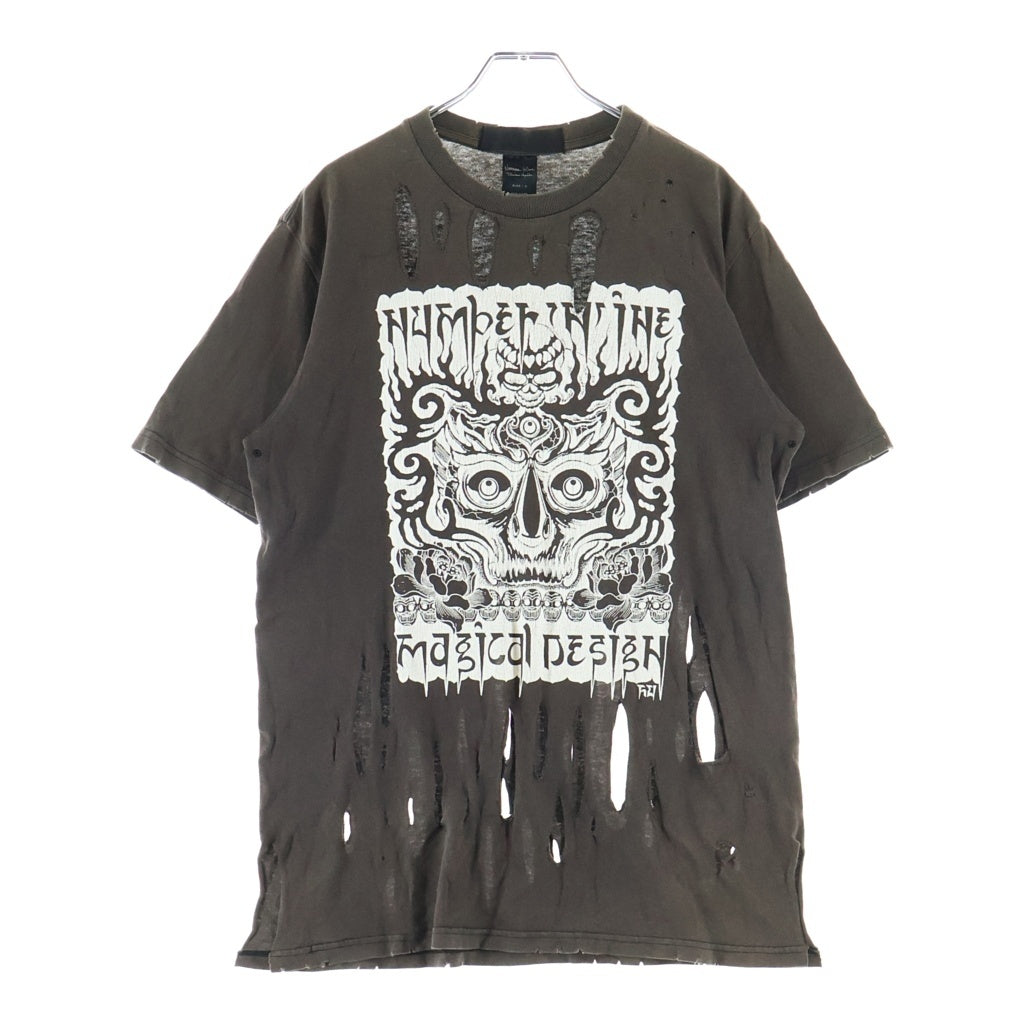 NUMBER (N)INE(ナンバーナイン) 04AW GIVE期 ×MAGICAL DESIGN マジカルデザイン ロゴ プリント ダメージ加工 半袖カットソー Tシャツ ブラウン