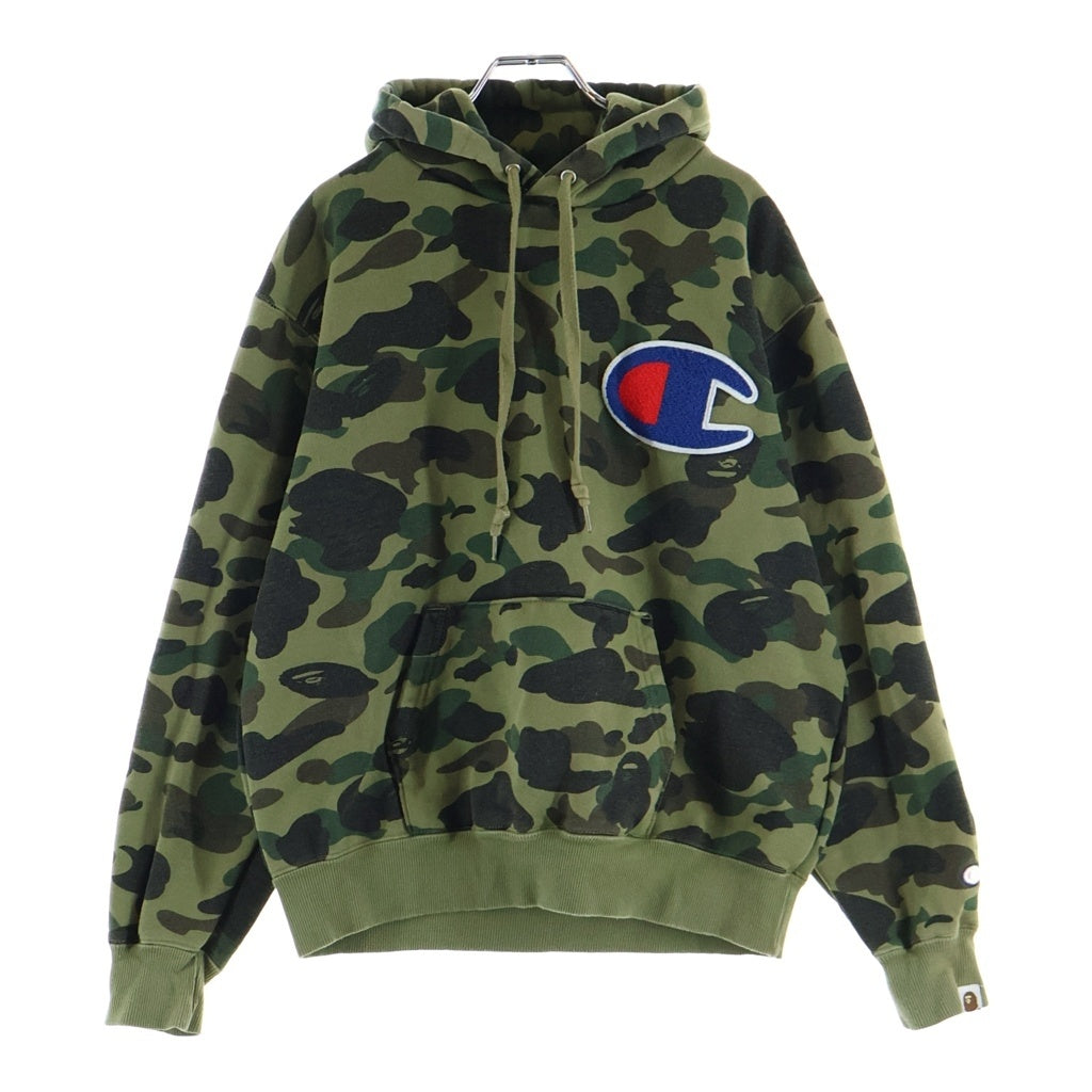 A BATHING APE(アベイシングエイプ) ×Champion 1st Camo ロゴ ワッペン フーデット スウェット シャツ パーカー カーキ