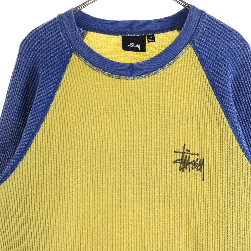 STUSSY(ステューシー) 2 Tone Thermal ロゴプリント ツートン バイカラー サーマル クルーネック ラグラン ロングスリーブ 長袖Tシャツ カットソー イエロー/ブルー 1140362