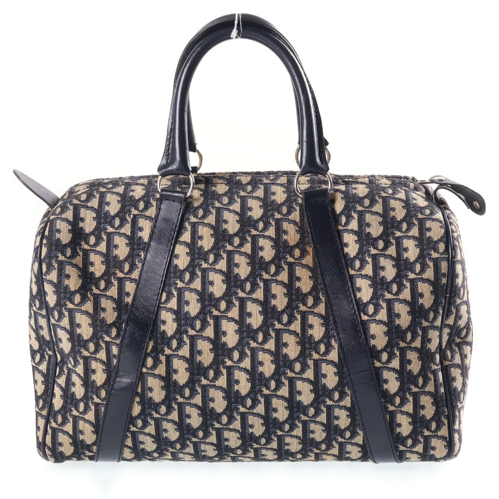 Christian Dior(クリスチャンディオール) トロッター柄 キャンバス レザー ボストン ハンドバッグ シルバー金具 ネイビー レディース