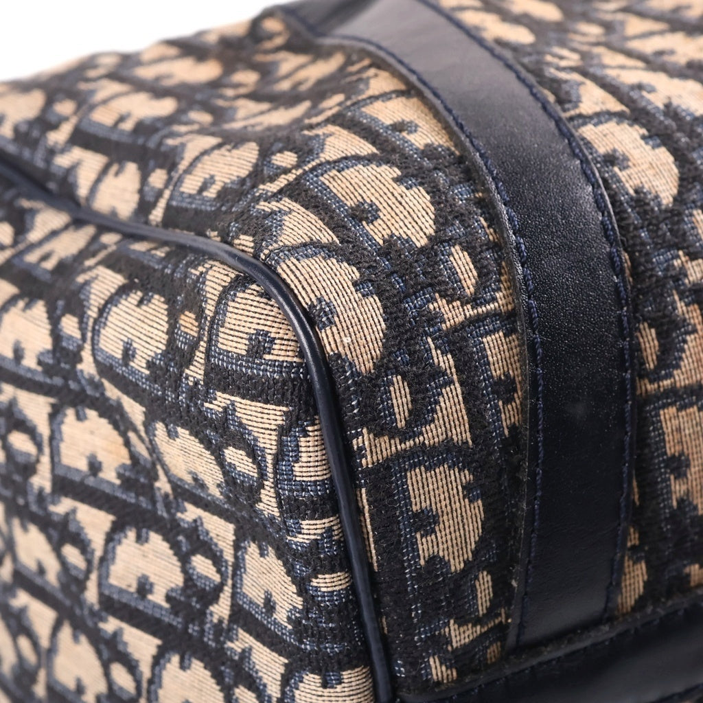 Christian Dior(クリスチャンディオール) トロッター柄 キャンバス レザー ボストン ハンドバッグ シルバー金具 ネイビー レディース