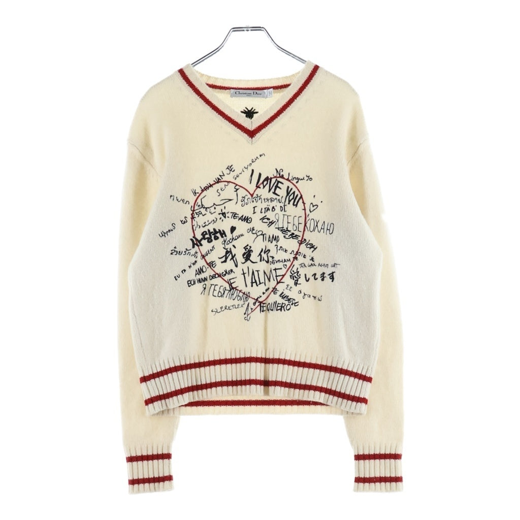 Christian Dior(クリスチャンディオール) 20AW I LOVE YOU 刺繍 Vネック プルオーバー 長袖ニット セーター アイボリー/レッド レディース 054S91AM052