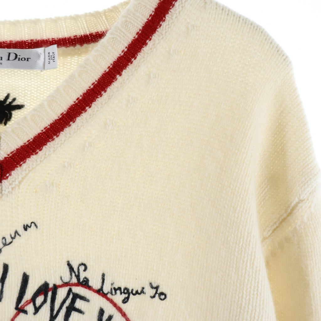 Christian Dior(クリスチャンディオール) 20AW I LOVE YOU 刺繍 Vネック プルオーバー 長袖ニット セーター アイボリー/レッド レディース 054S91AM052