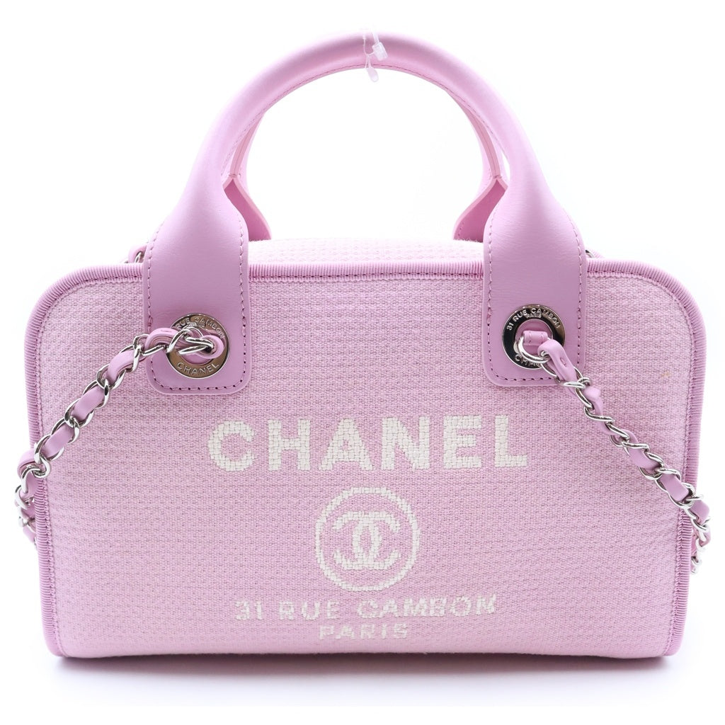 CHANEL(シャネル) ドーヴィル ボーリングバッグ 2WAYハンドバッグ チェーンショルダーバッグ ピンク レザー×キャンバス プレートシリアル A92749 シルバー金具 レディース