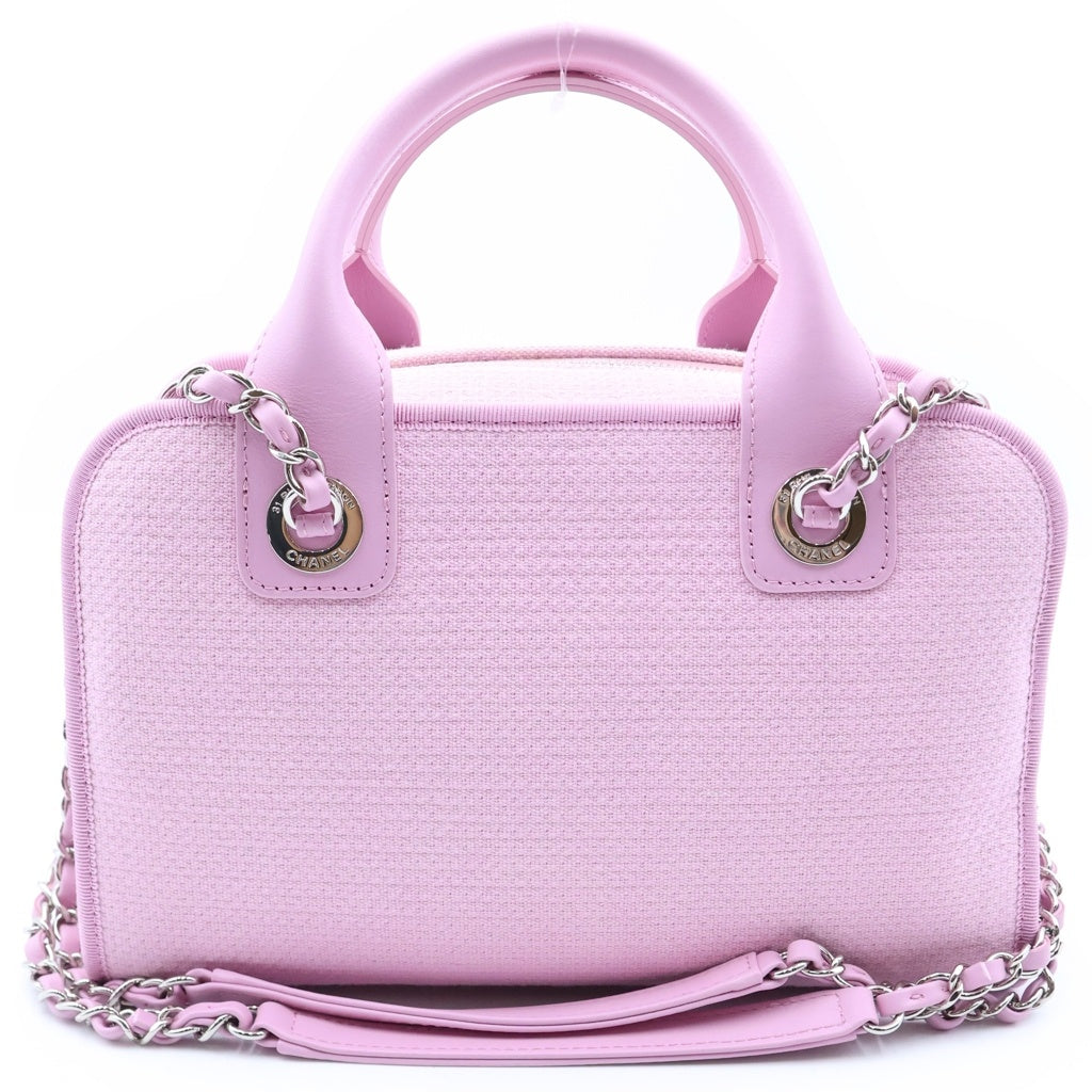 CHANEL(シャネル) ドーヴィル ボーリングバッグ 2WAYハンドバッグ チェーンショルダーバッグ ピンク レザー×キャンバス プレートシリアル A92749 シルバー金具 レディース
