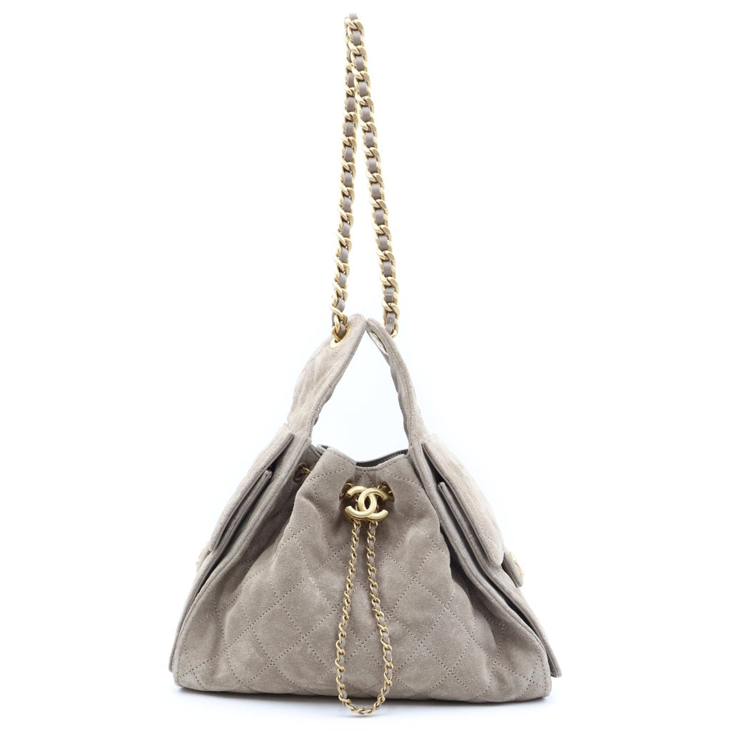 CHANEL(シャネル) シャネル25 スモール チェーンショルダーバッグ スエード レザー ゴールド金具 グレー プレート レディース