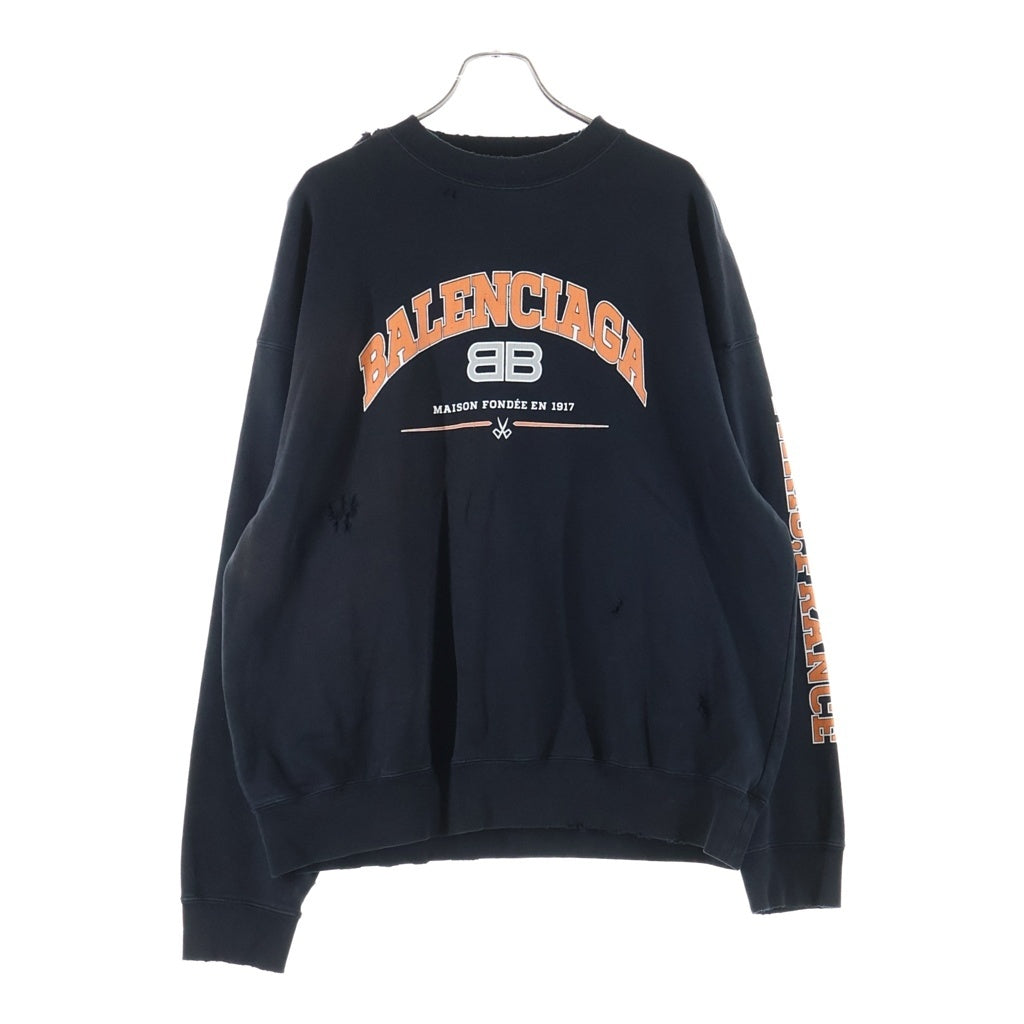 BALENCIAGA(バレンシアガ) カレッジロゴプリント ダメージ加工 スウェットクルーネックシャツ トレーナー ブラック 676629 TLVJ3