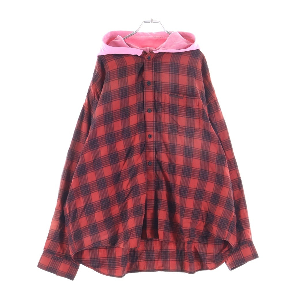 BALENCIAGA(バレンシアガ) HOODED CHECK SHIRT ダメージ加工 フーデッド長袖チェックシャツ レッド/ブラック 746369 TNM25