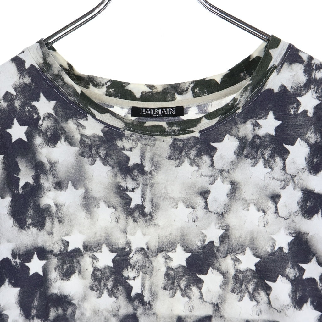 BALMAIN(バルマン) 18SS スター/ボーダー 総柄プリント 半袖Tシャツ カットソー ホワイト/ブラック S8H8601I093