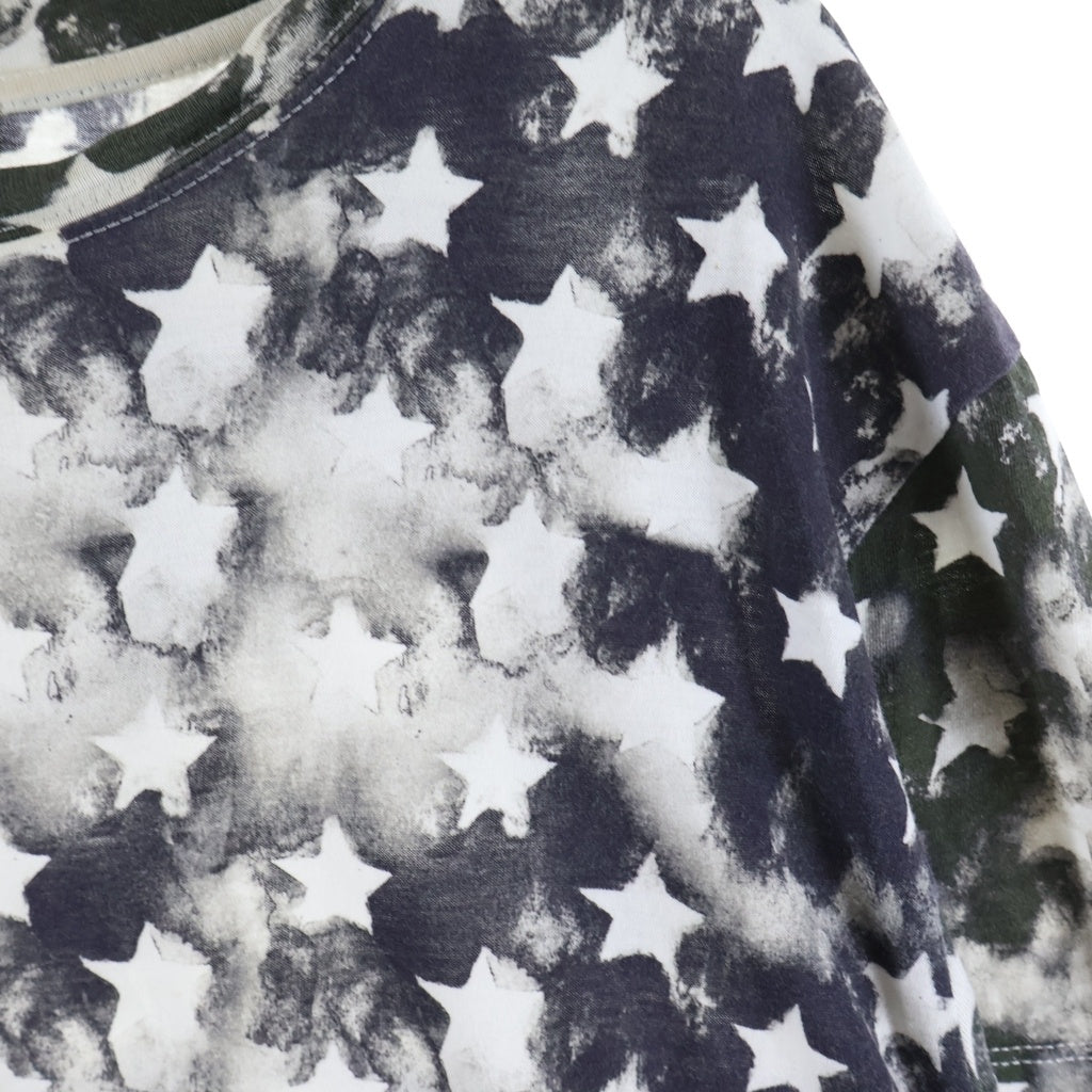 BALMAIN(バルマン) 18SS スター/ボーダー 総柄プリント 半袖Tシャツ カットソー ホワイト/ブラック S8H8601I093