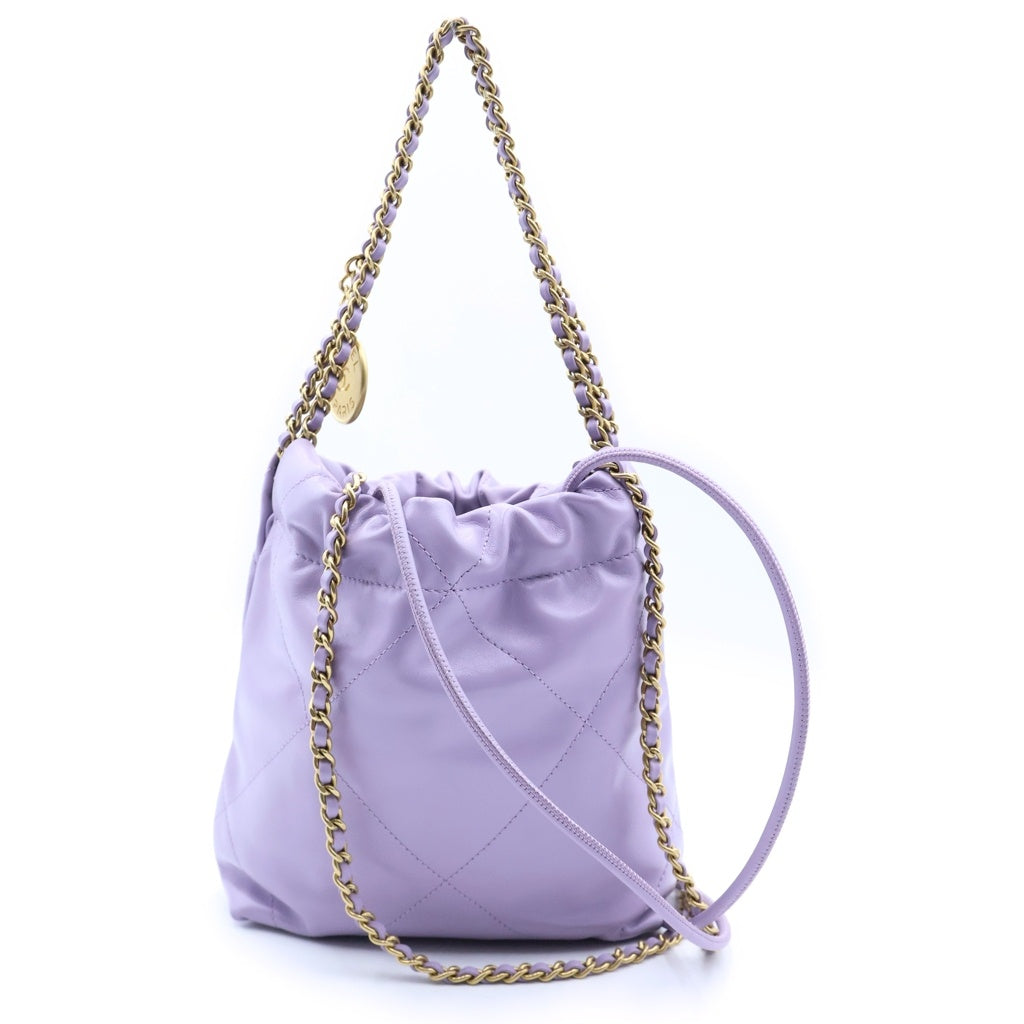 CHANEL(シャネル) シャネル22 ミニ チェーンショルダーバッグ 巾着バッグ ライトパープル ラムスキン プレートシリアル AS3980 ゴールド金具 レディース