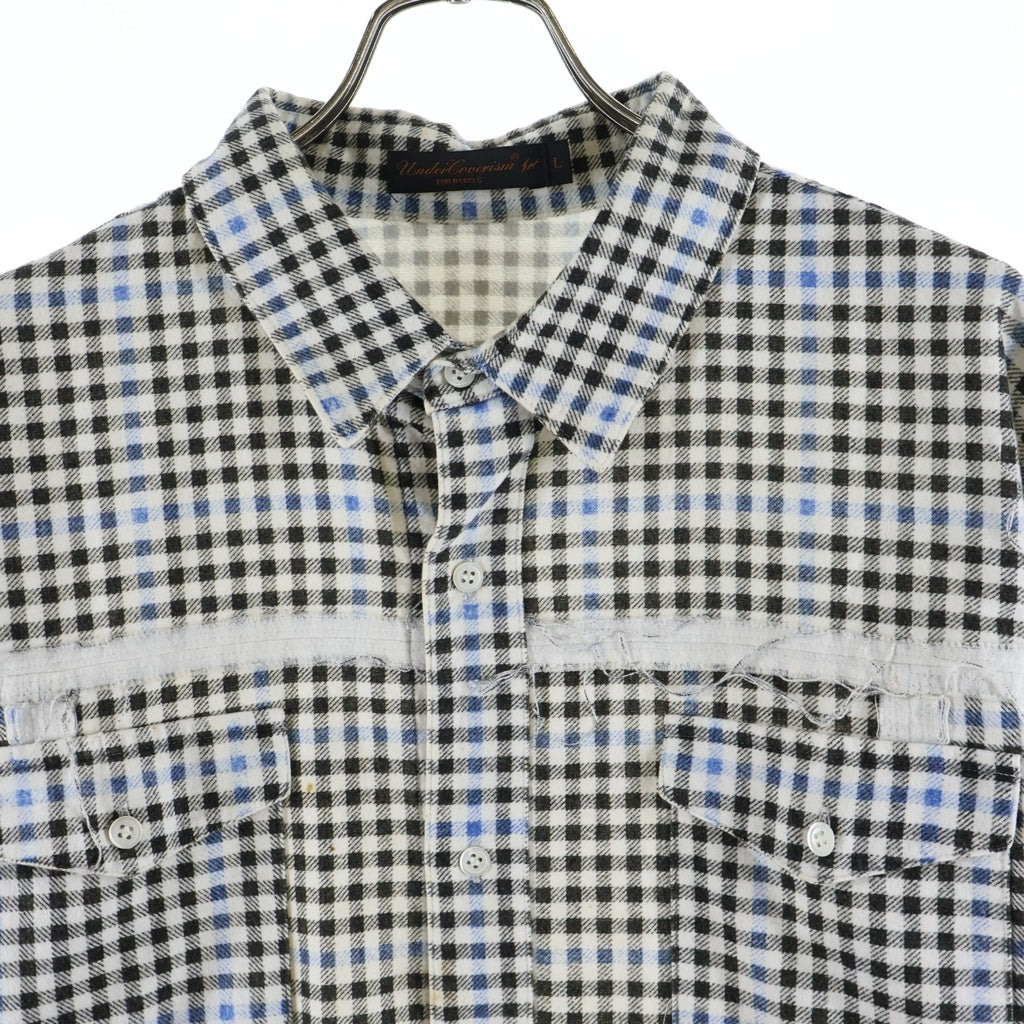 UNDERCOVERISM(アンダーカバイズム) 03SS ×FRAGMENT DESIGN SCAB期 クラッシュ加工 チェック柄 長袖シャツ ホワイト/ブラック V804