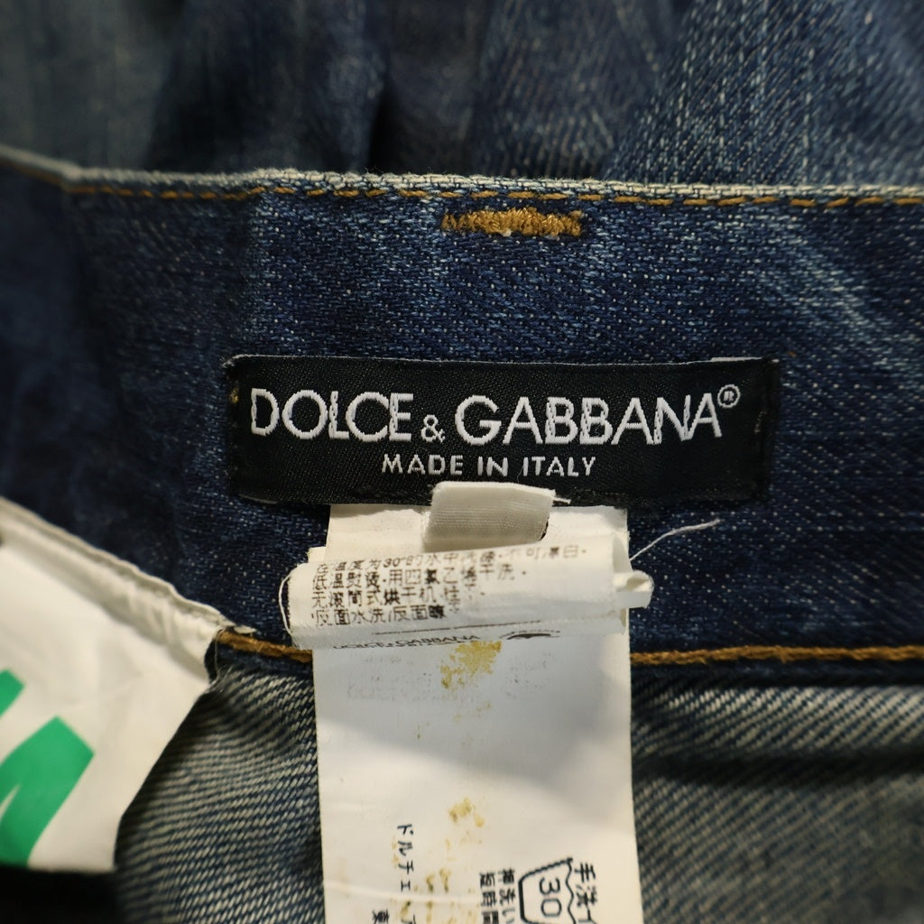 DOLCE & GABBANA(ドルチェアンドガッバーナ) 14CLASSIC ポケットロゴプレート付 ダメージ加工 ローライズ ストレートデニムパンツ ライトインディゴ G4A8TD G8C14
