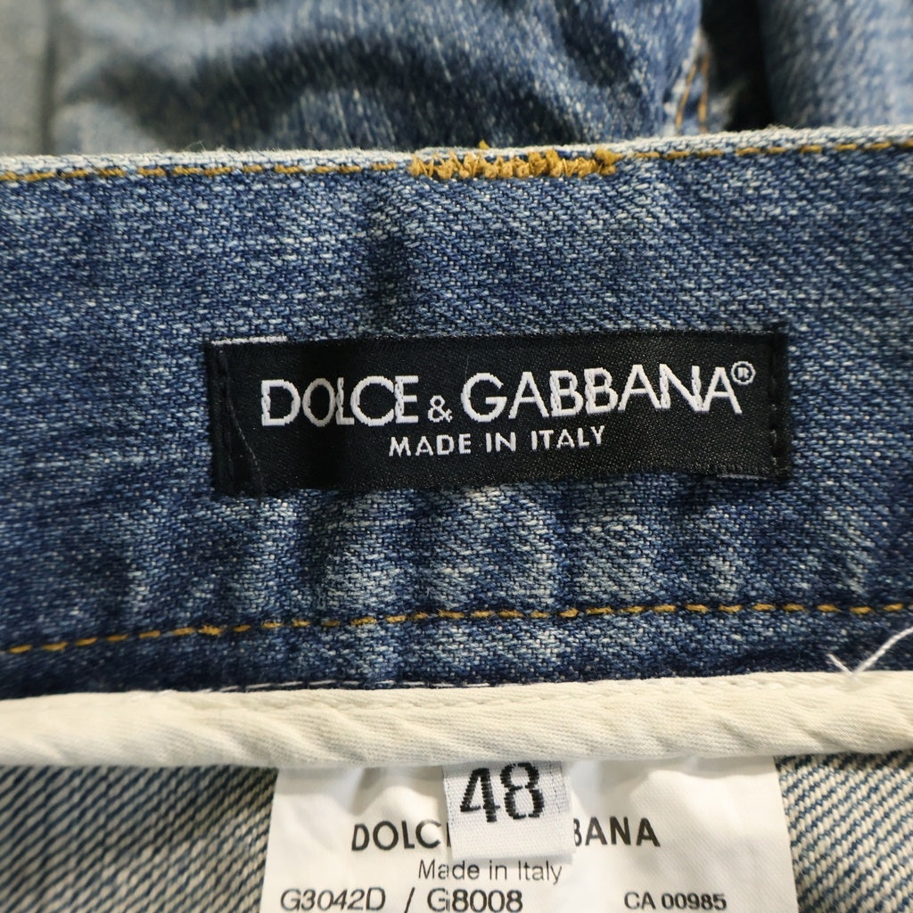 DOLCE & GABBANA(ドルチェアンドガッバーナ) DGロゴプレート ダメージ加工 ストレートデニムパンツ ライトインディゴ G3042D G8008