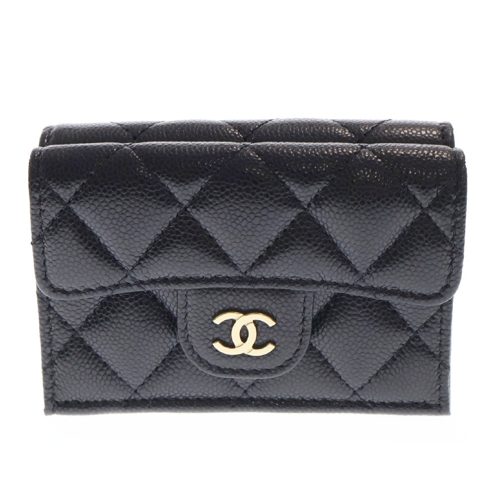 CHANEL(シャネル) マトラッセ 三つ折りミニウォレット ブラック キャビアスキン ゴールド金具 ウォレット コンパクトウォレット