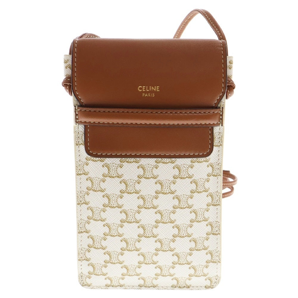 CELINE(セリーヌ) トリオンフ ラムスキン フラップ付きモバイルポーチ ショルダーバッグ レディース ブラウン×ホワイト 10G332CQD.01TA