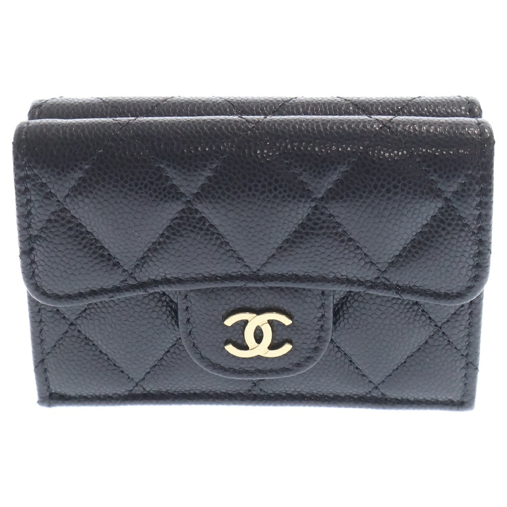CHANEL(シャネル) マトラッセ コンパクトウォレット ブラック キャビアスキン ゴールド金具 財布