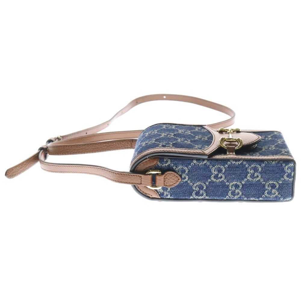 GUCCI(グッチ) ホースビット デニム ショルダーバック フォンショルダー ブラウン×インディゴブルー ゴールド金具 625615