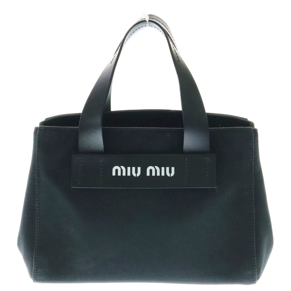 miumiu(ミュウミュウ) カナパ ロゴプリント レザー キャンバス ハンドバッグ ブラック 5BA176