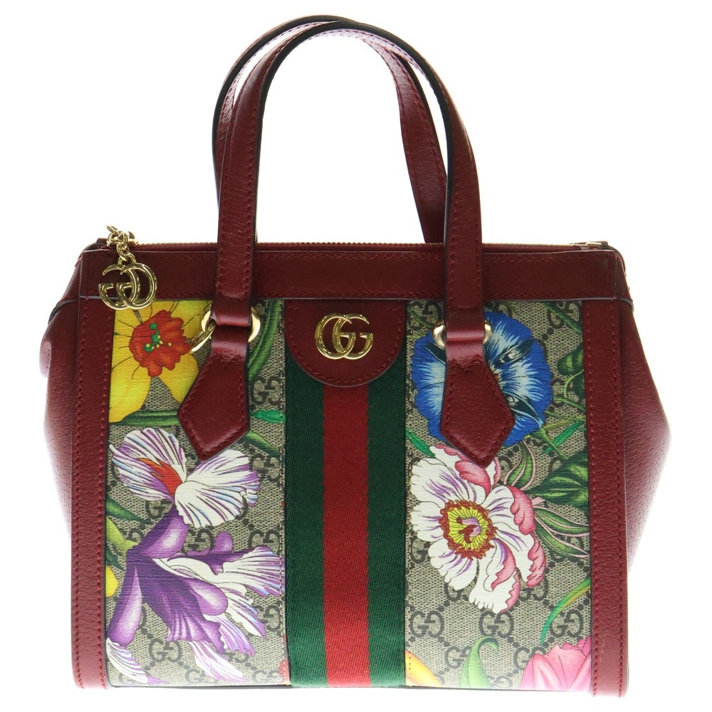 GUCCI(グッチ) GGフローラ スモールトートバッグ 2WAYハンドバッグ ショルダーバッグ レッド×ベージュ レザー×PVC ゴールド金具 547551