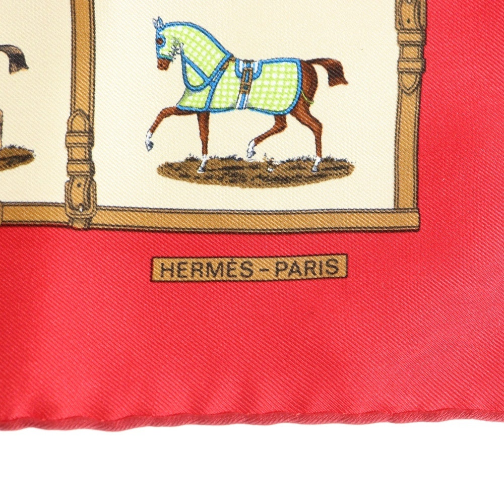 HERMES(エルメス) カレ45 horse paddock パドックにいる48頭の馬 レッド×ベージュ シルク スカーフ