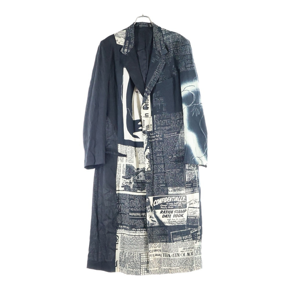Yohji Yamamoto(ヨウジヤマモト) 22SS Newspaper coat ニュースペーパー 総柄プリント リネン テーラードカラー チェスター ロング コート ブラック HG-J13-827