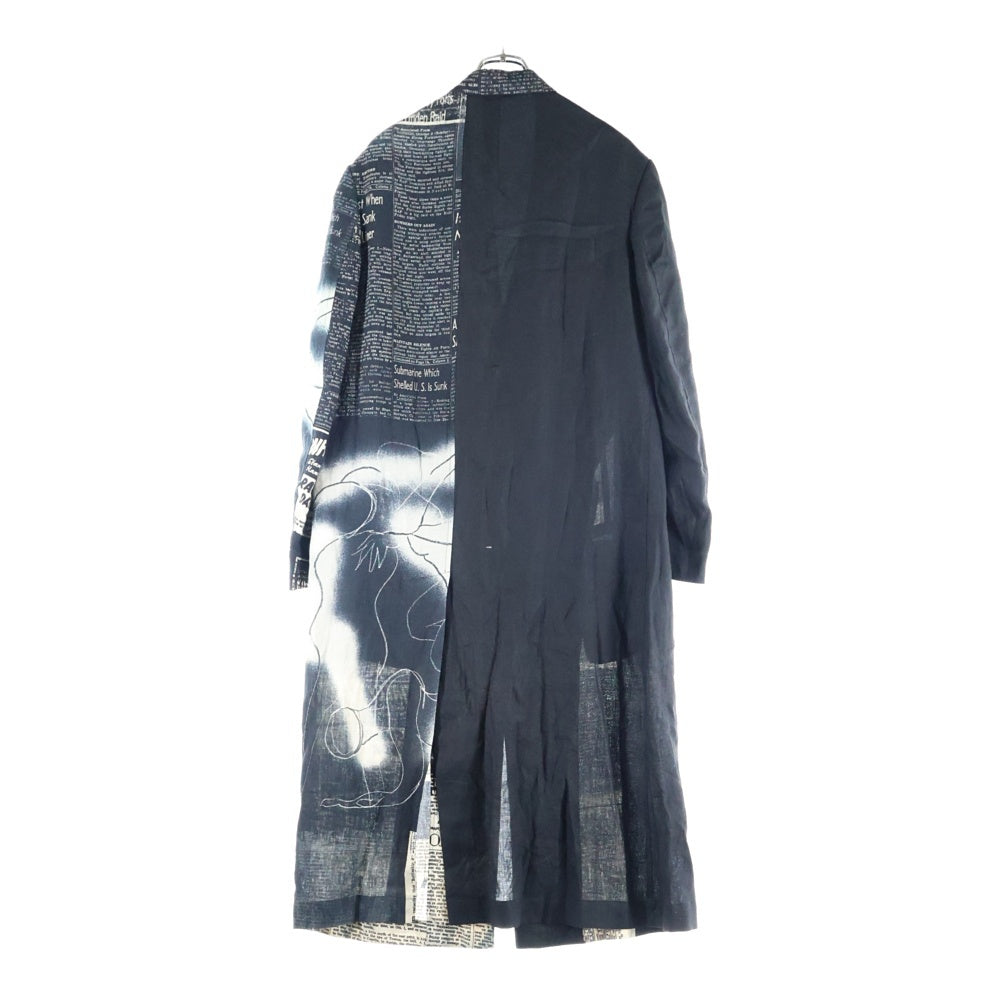 Yohji Yamamoto(ヨウジヤマモト) 22SS Newspaper coat ニュースペーパー 総柄プリント リネン テーラードカラー チェスター ロング コート ブラック HG-J13-827