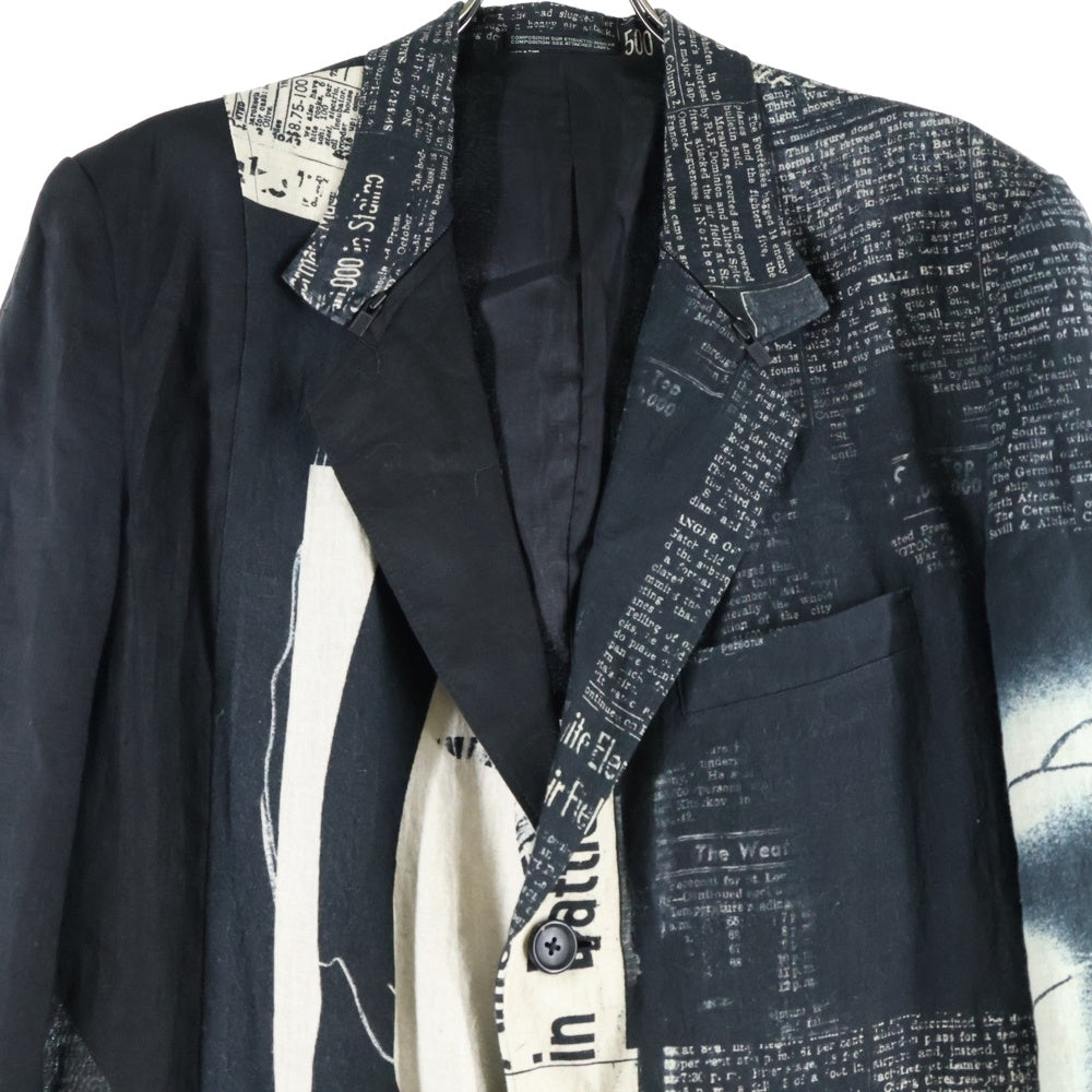 Yohji Yamamoto(ヨウジヤマモト) 22SS Newspaper coat ニュースペーパー 総柄プリント リネン テーラードカラー チェスター ロング コート ブラック HG-J13-827