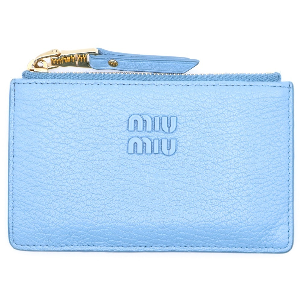 miumiu(ミュウミュウ) ロゴ フラグメント コインケース カードケース 小物入れ レザー ライトブルー ゴールド金具 レザー 5MB060