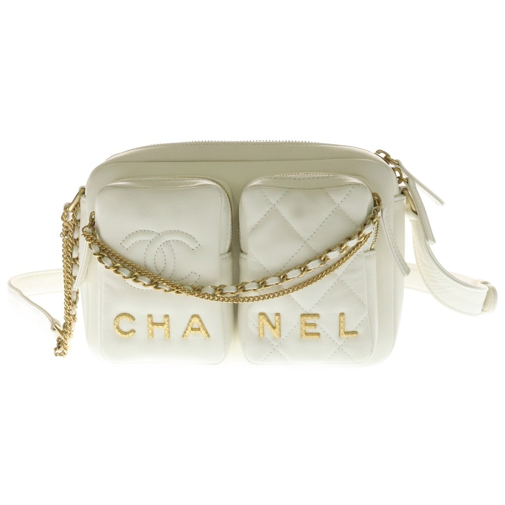 CHANEL(シャネル) ココマーク マトラッセ スモール ラムスキン チェーンレザーショルダーバッグ カメラバック ホワイト レディース