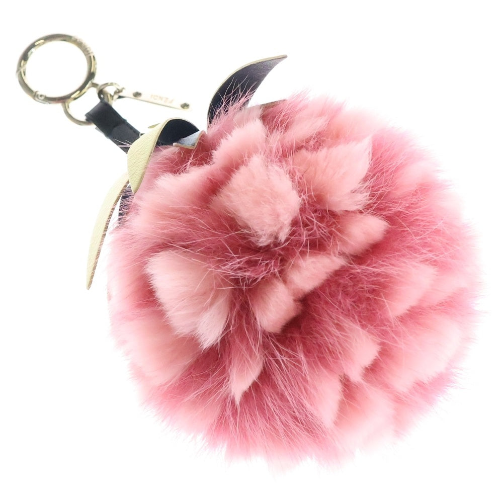 FENDI(フェンディ) フルーツチャーム ファー バッグチャーム キーホルダー キーリング ピンク×グリーン シルバー金具