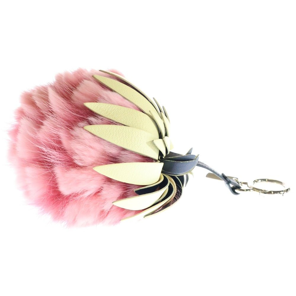FENDI(フェンディ) フルーツチャーム ファー バッグチャーム キーホルダー キーリング ピンク×グリーン シルバー金具