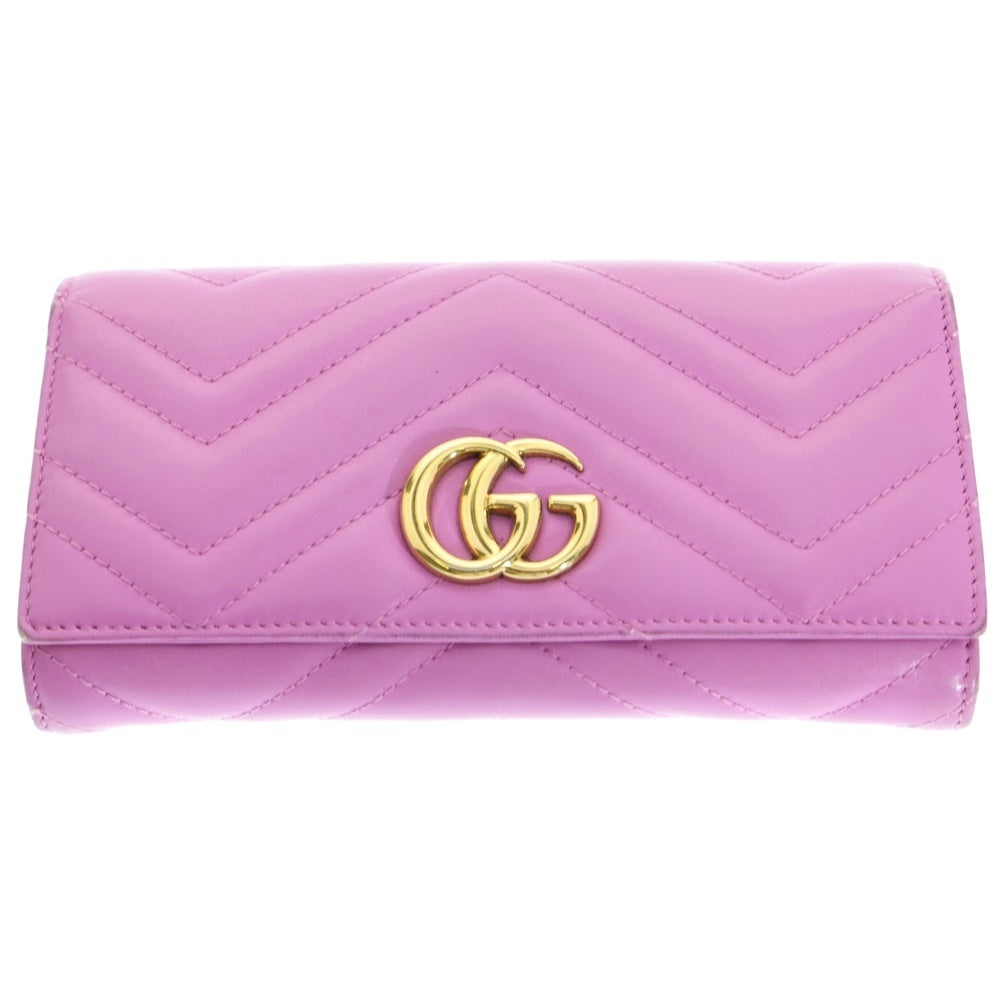 GUCCI(グッチ) GGマーモント ロゴプレート レザー ロングウォレット 長財布 ゴールド金具 ピンク 443436