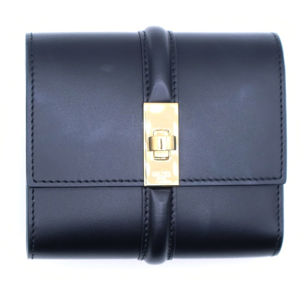 CELINE(セリーヌ) スモールトリフォールドウォレット 16セーズ コンパクトウォレット 三つ折り財布 コインケース ブラック ゴールド金具 レザー