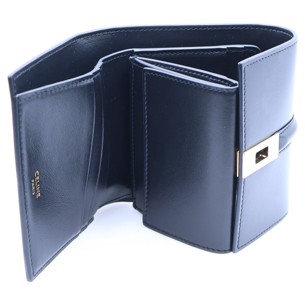 CELINE(セリーヌ) スモールトリフォールドウォレット 16セーズ コンパクトウォレット 三つ折り財布 コインケース ブラック ゴールド金具 レザー
