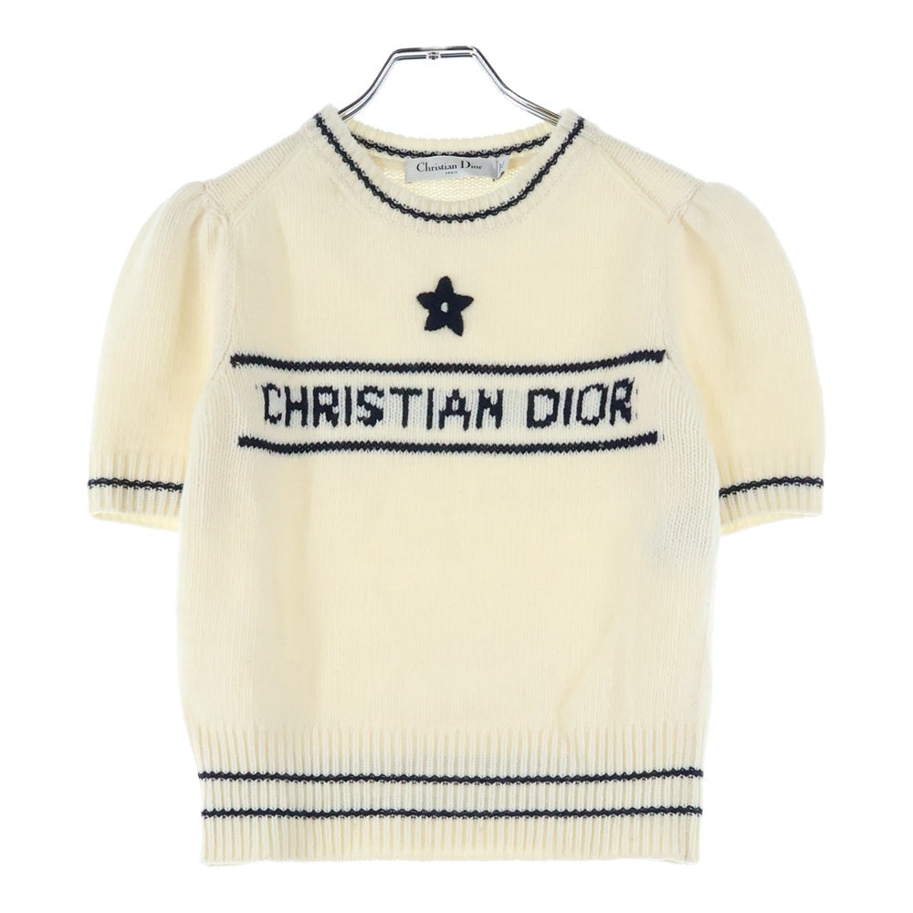 Christian Dior(クリスチャンディオール) 21AW フロントロゴ カシミヤ混 ウール ショートスリーブ 半袖 クルーネック ニット セーター アイボリー/ホワイト レディース 154S09AM305