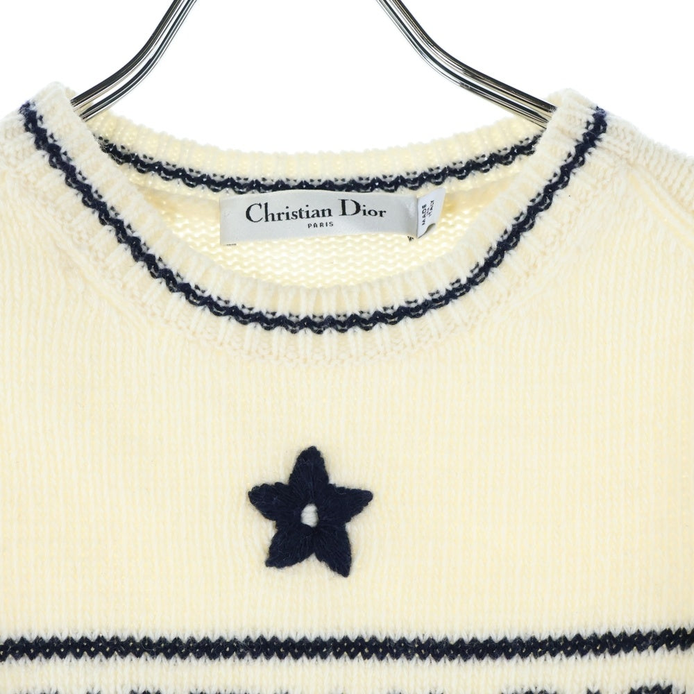 Christian Dior(クリスチャンディオール) 21AW フロントロゴ カシミヤ混 ウール ショートスリーブ 半袖 クルーネック ニット セーター アイボリー/ホワイト レディース 154S09AM305