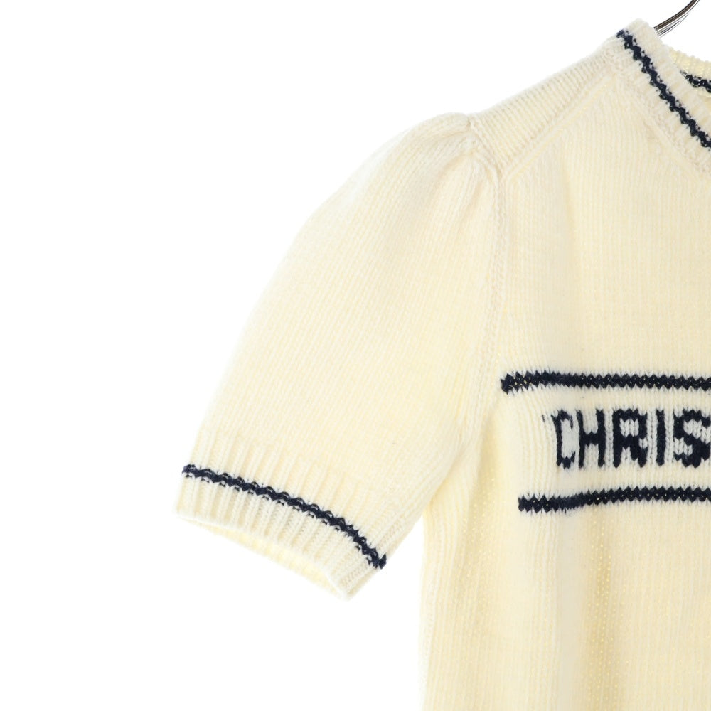 Christian Dior(クリスチャンディオール) 21AW フロントロゴ カシミヤ混 ウール ショートスリーブ 半袖 クルーネック ニット セーター アイボリー/ホワイト レディース 154S09AM305