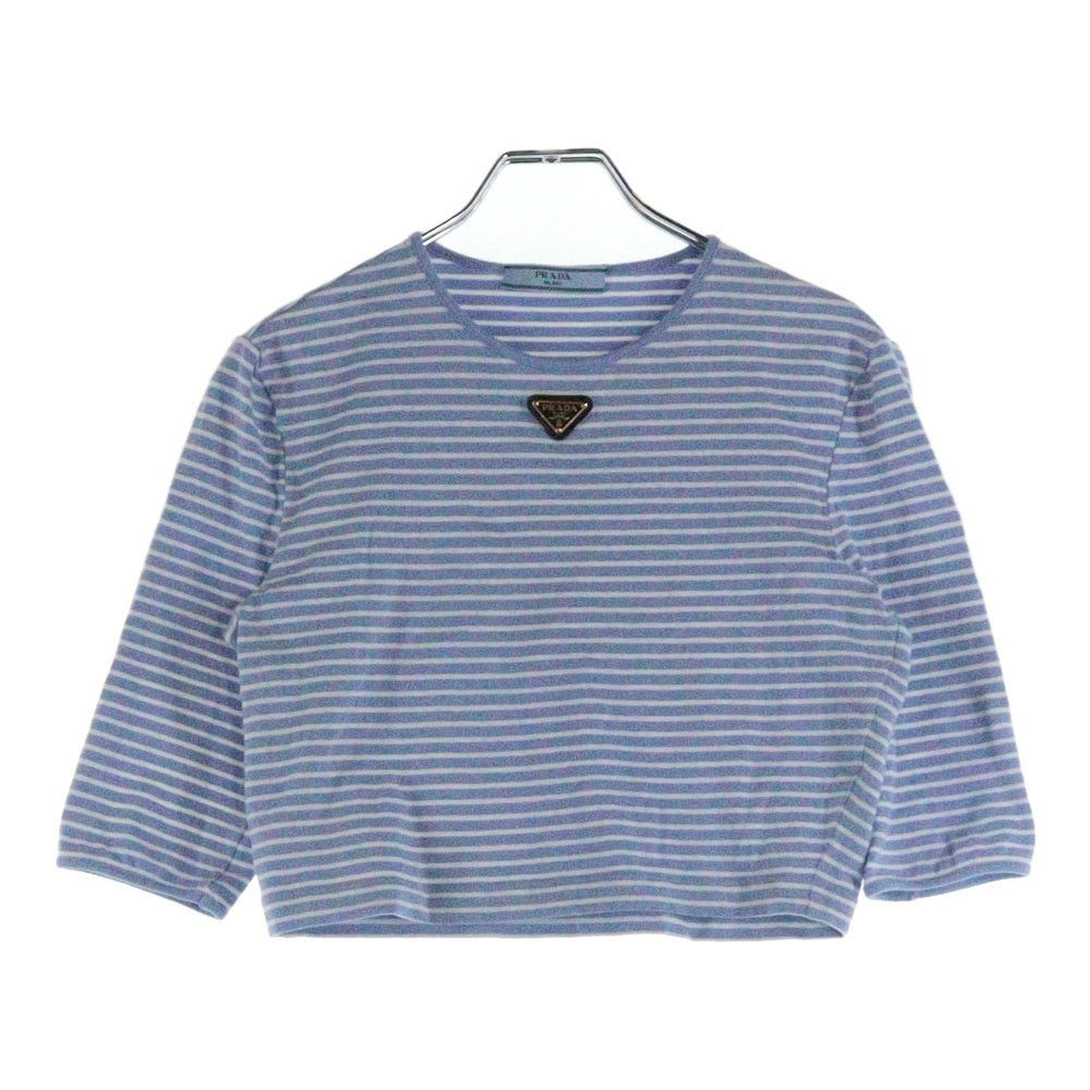 PRADA(プラダ) 23SS ボーダー総柄 トライアングルロゴプレート クルーネック 五分袖 クロップド ショート丈 Tシャツ カットソー トップス ブルー レディース 39578