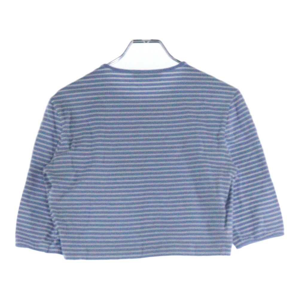 PRADA(プラダ) 23SS ボーダー総柄 トライアングルロゴプレート クルーネック 五分袖 クロップド ショート丈 Tシャツ カットソー トップス ブルー レディース 39578